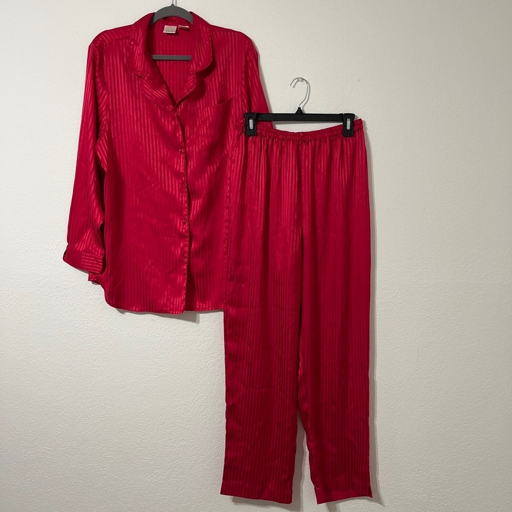 Sophia By Delicates Red Satin Pajama Set Large Striped Lounge‎ Sleepwear VTG